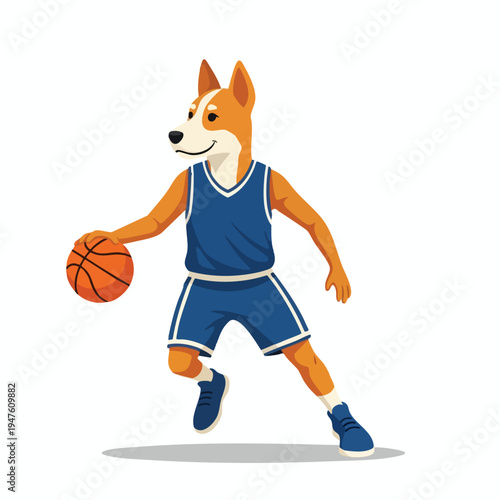 Animated dog in basketball uniform dribbling a ball, active pose