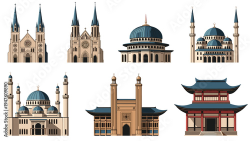 Diverse set of religious buildings including churches, mosques, and oriental temples representing different spiritual architectures.