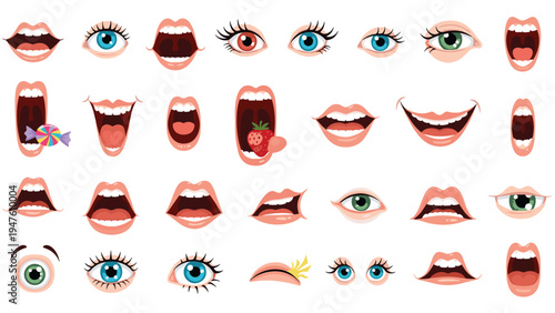 Wide collection of cartoon facial features showcasing different eye colors and various mouth expressions from smiling to shocked.