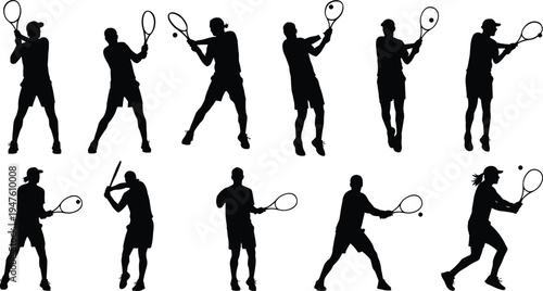 Tennis player silhouettes collection with athletes serving hitting forehand backhand and volley actions isolated on white background sport activity set