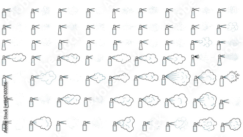 Detailed grid of aerosol spray bottle icons demonstrating different spray patterns, mist densities, and cloud formations.