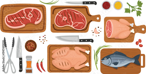A variety of raw meats including steaks, chicken, fish, and seasonings on wooden cutting boards, ready for cooking