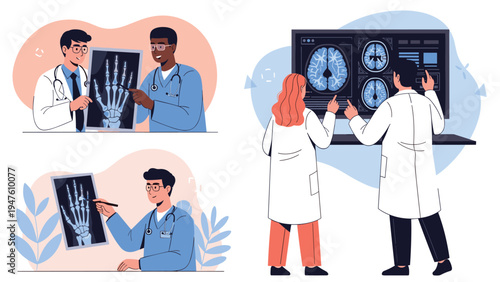 Medical professionals in white coats carefully examining patient X-ray films and brain MRI scans in a clinical diagnostic setting.