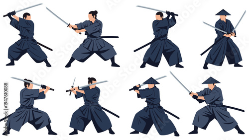 Silhouettes of samurais in dynamic fighting stances with katanas representing traditional Japanese martial arts and warrior spirit.