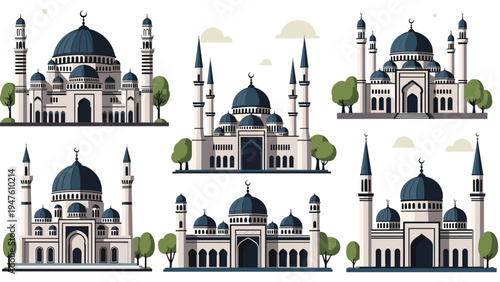 Set of various mosque architectural designs with prominent blue domes and tall minarets representing Islamic place of worship.