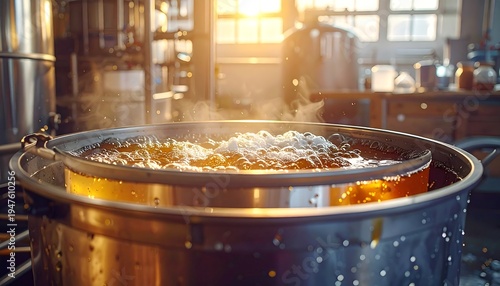 A large industrial vat with steam rising, containing a frothy substance