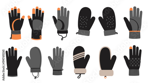 Assortment of winter and protective handwear including various styles of knitted gloves and warm fleece-lined mittens.