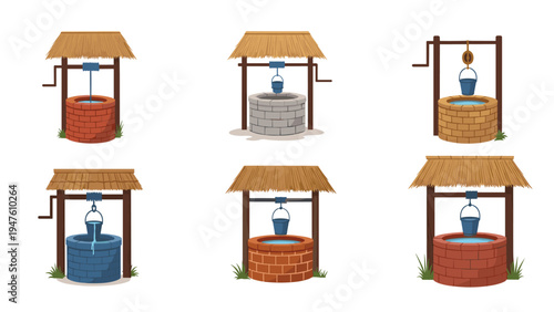 Traditional water wells with thatched wooden roofs and buckets hanging over deep circular brick and stone structures.