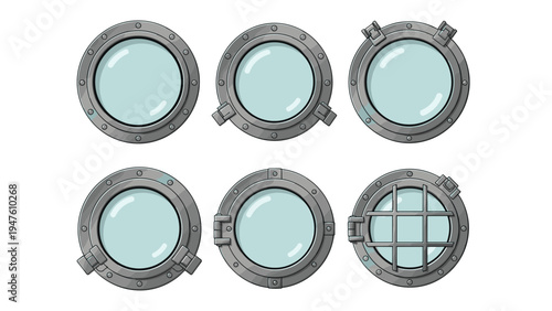 Collection of circular ship porthole windows with metal frames and glass panes shown from different angles and designs.