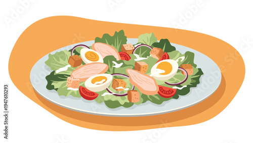 Delicious Caesar salad with grilled chicken slices, hard-boiled eggs, crunchy croutons, and fresh lettuce served on a white plate.