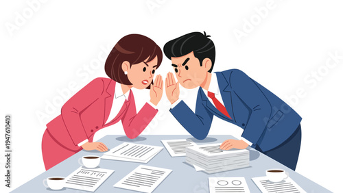 Workplace gossip and confidential discussion between business colleagues. Man and woman whispering a secret at office desk.