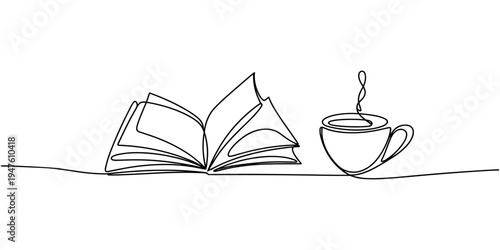 One Line Drawing of Open Book, Pen and Coffee Cup. Writing and Creativity Concept, A single continuous line drawing depicts a steaming cup of coffee and an open book, illustrating the joy of reading