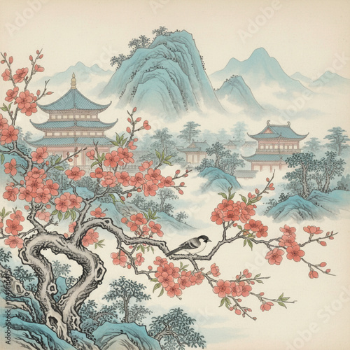 Elegant Sakura Garden Illustration