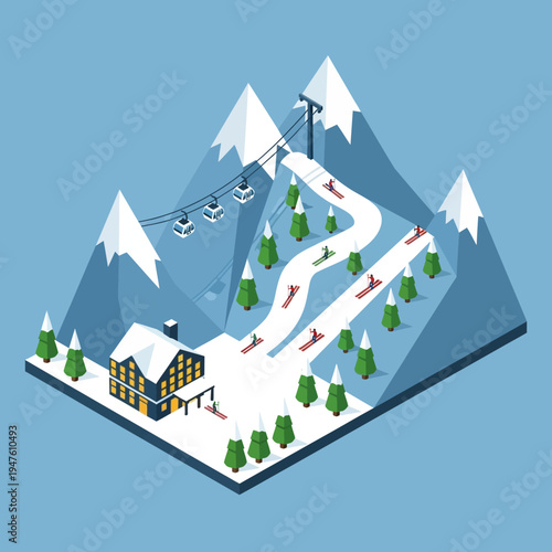Isometric illustration of a snowy mountain ski resort with a lodge and chairlift.