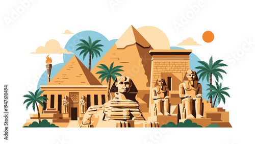 Landscape illustration of ancient Egyptian landmarks featuring the Great Sphinx, pyramids, and palm trees under a sunny sky.