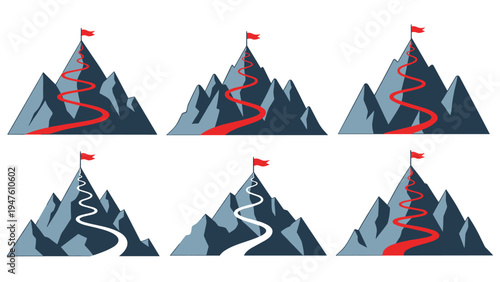 Set of six mountain peak icons showing winding paths leading up to a red victory flag at the top against white.