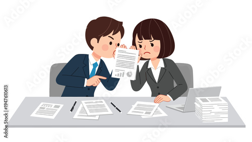 Business colleagues in serious discussion over a document, showing concern and disagreement. Workplace communication challenge.