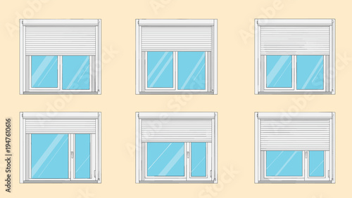 Technical diagrams showing various window designs with white roller shutters in different stages of being opened.