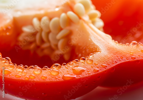 Extreme macro shot of a vibrant red bell pepper slice with water droplets, showcasing its intricate texture and seeds, isolated on a transparent background for versatile design use.