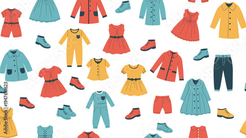Colorful seamless pattern of diverse children clothing items like dresses coats shoes and pants on a white backdrop.