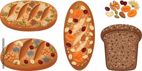Healthy grain breads with seeds, dried fruits, nuts, and oats, perfect for a nutritious snack.