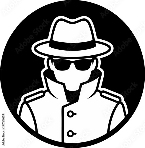 Anonymous Secret Agent in Fedora Hat and Sunglasses — Bold Black and White Silhouette Vector Icon of Spy Detective Character