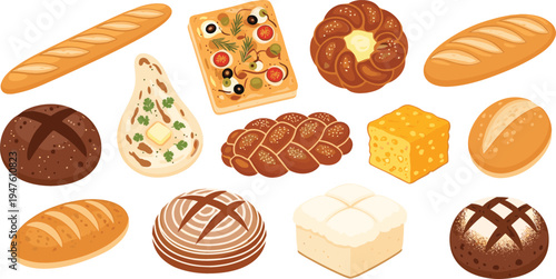 A variety of freshly baked breads including baguettes, rolls, loaves, and a pizza bread with toppings.