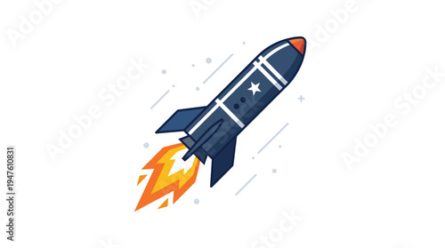 Blue rocket soars with fiery trail behind. Simple design evokes speed and ambition. Ideal for startup, growth, or innovation themes. Bright colors capture attention instantly