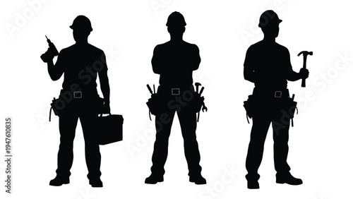 Silhouettes of three construction workers in different poses