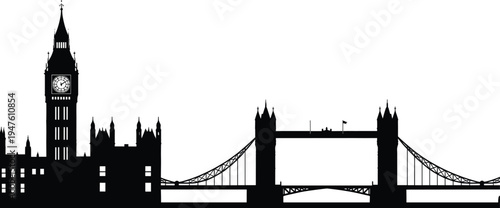 Black Silhouette of London Skyline Featuring Big Ben and Tower Bridge parliament