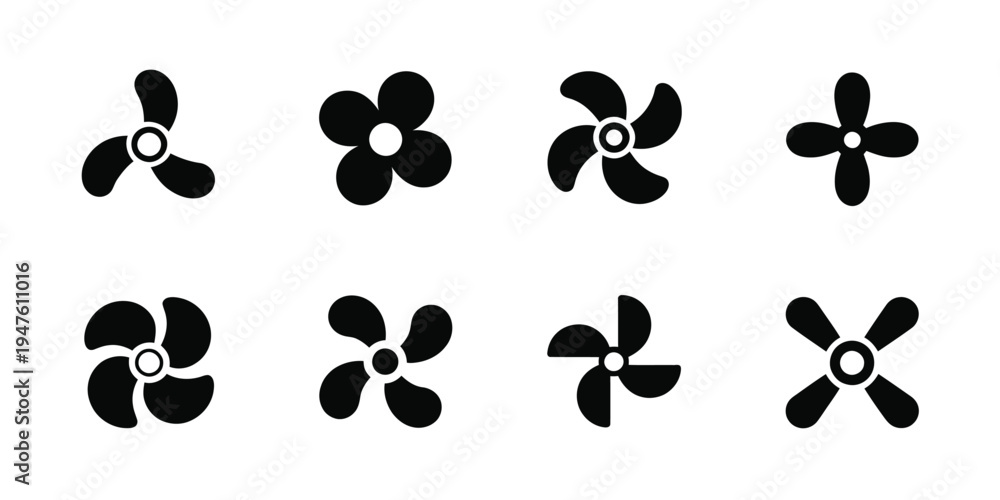 Fototapeta premium Black and White Propeller Vector Icons, Simple Aviation and Fan Blade Symbols on White Background Ideal for Aircraft Graphics, Engineering Illustrations, and Creative Design Applications.