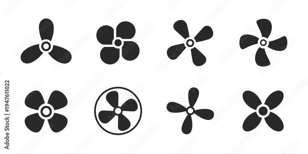 Fototapeta premium Black and White Propeller Icons Set, Vector Collection of Airplane and Fan Propeller Symbols Isolated on White Background for Aviation, Technology, and Mechanical Design Projects.