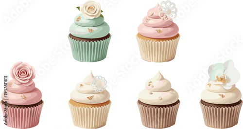Elegant floral cupcakes decorated with roses, orchids, and delicate details, perfect for a wedding or special occasion