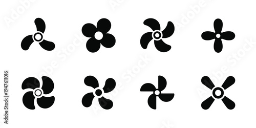 Black and White Propeller Vector Icons, Simple Aviation and Fan Blade Symbols on White Background Ideal for Aircraft Graphics, Engineering Illustrations, and Creative Design Applications.