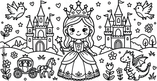 A smiling princess in a fairy tale setting with a castle and dragon