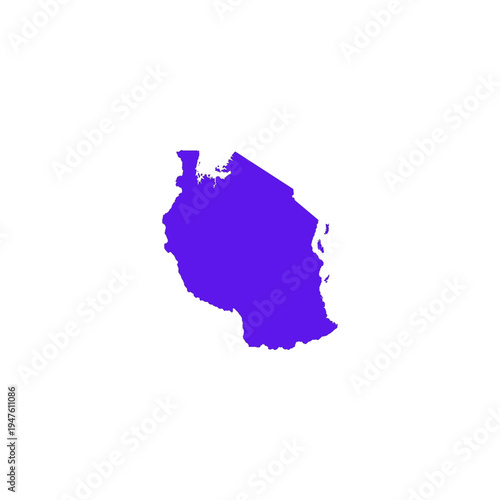 Vibrant purple silhouette map accurately representing the distinct geographical outline of the country of Tanzania on a clean white background.