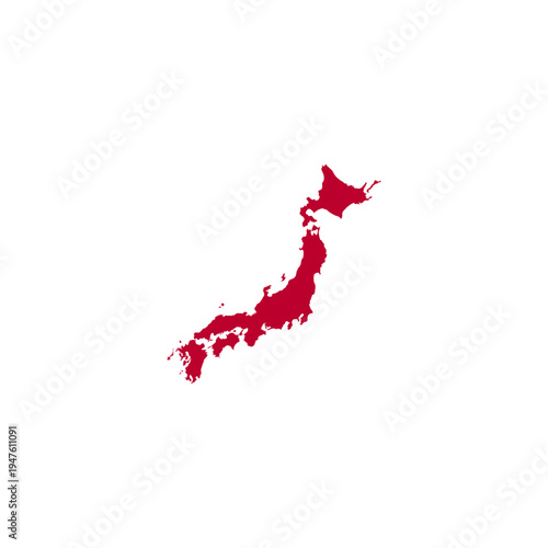 A striking red silhouette of the geographical map of Japan against a clean white background, highlighting its unique island shape.