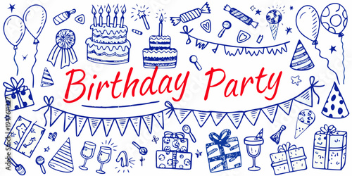 Hand drawn birthday party elements including cake balloons and festive decorations