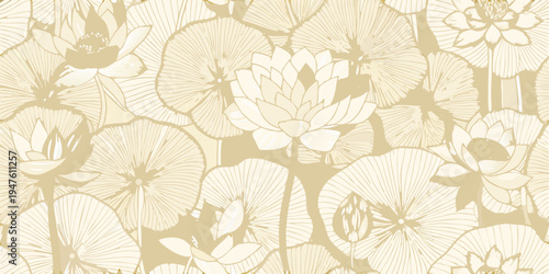 Elegant seamless pattern of delicate lotus flowers and leaves