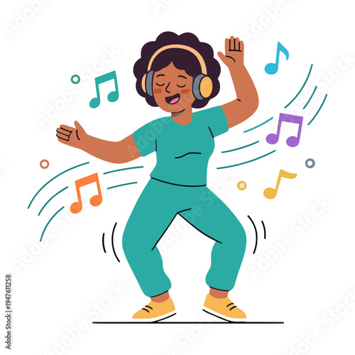 A woman wearing headphones dances joyfully with colorful music notes around her.