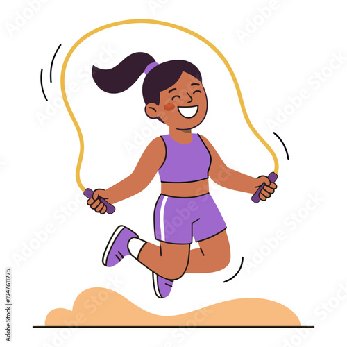 A young girl jumping rope with a smile on her face outdoors