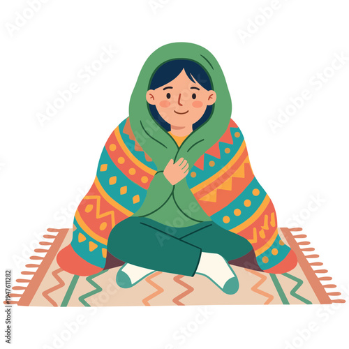 A young girl sits cross-legged on a vibrant rug wrapped in a colorful blanket.