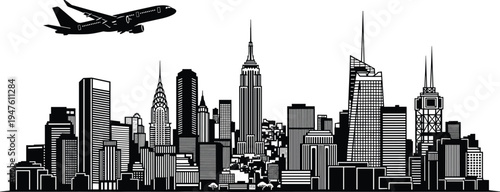 Black silhouette of New York City skyline with airplane flying overhead Keywords: New York City, NYC, skyline, silhouette