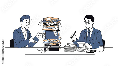 Financial Burden & Advisory: Stressed Man with Paperwork Pile Seeks Expert Help