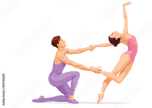 073-04-Professional ballet dancers performing a graceful and athletic duet on white background