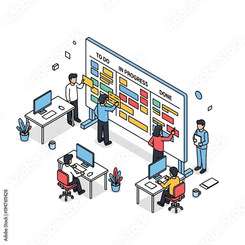 Isometric view of a team collaborating on a project using a Kanban board.