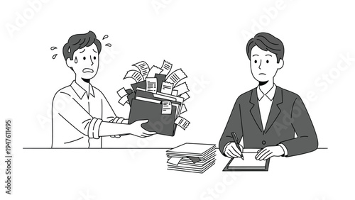 Overwhelmed worker with overflowing documents presents to a manager, symbolizing heavy workload, bureaucracy, and office stress.