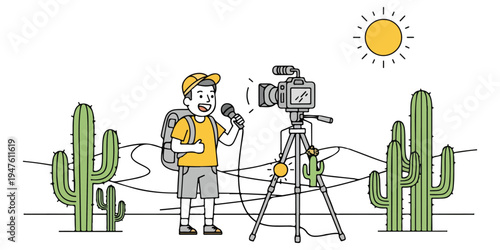 Filmmaker documents desert flora and fauna with camera on tripod