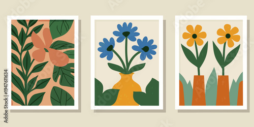 A set of three mid century modern floral art prints in simple frames