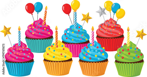 Colorful birthday cupcakes with candles, balloons, and star decorations, perfect for a festive celebration.
